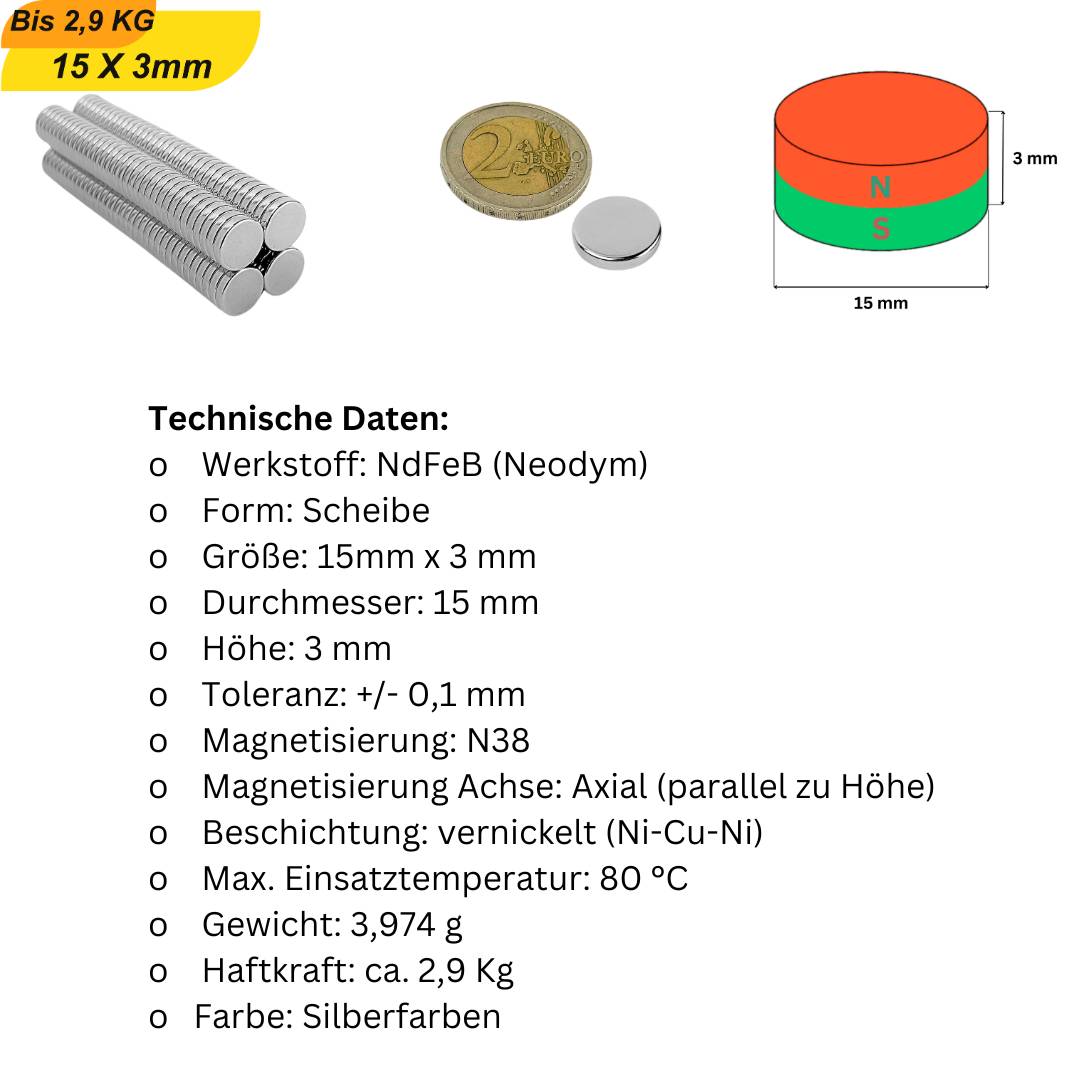 1 Stück Neodym Magnet 15mm x 3mm Supermagnete hohe Haftkraft Scheibenmagnet