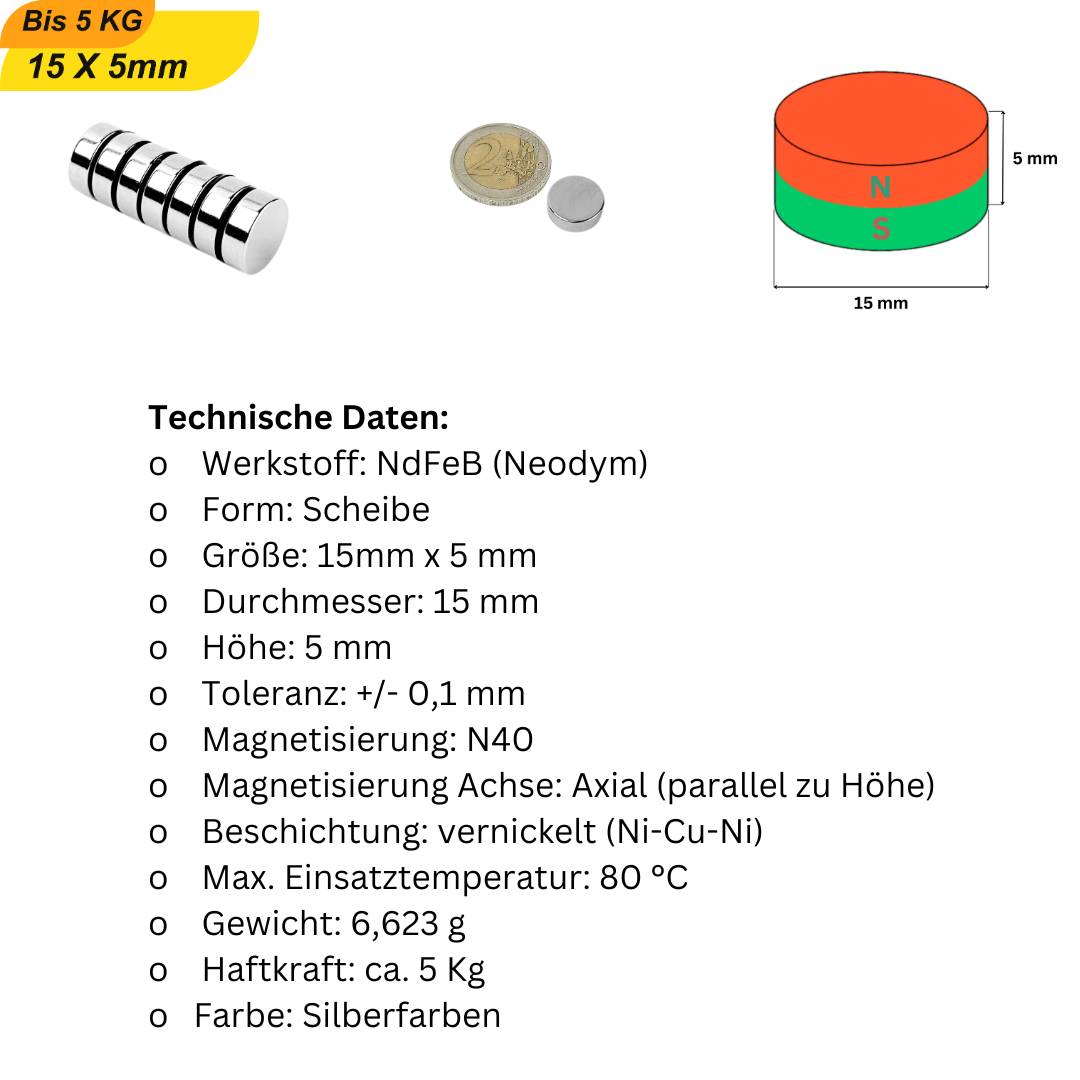 20 Stück Neodym Magnet 15mm x 5mm Supermagnete hohe Haftkraft Scheibenmagnet