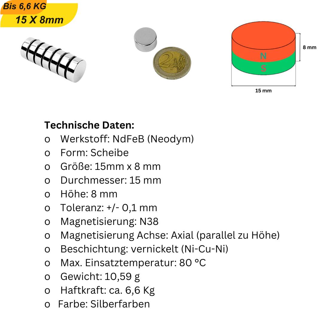 20 Stück Neodym Magnet 15mm x8mm Supermagnete hohe Haftkraft Scheibenmagnet