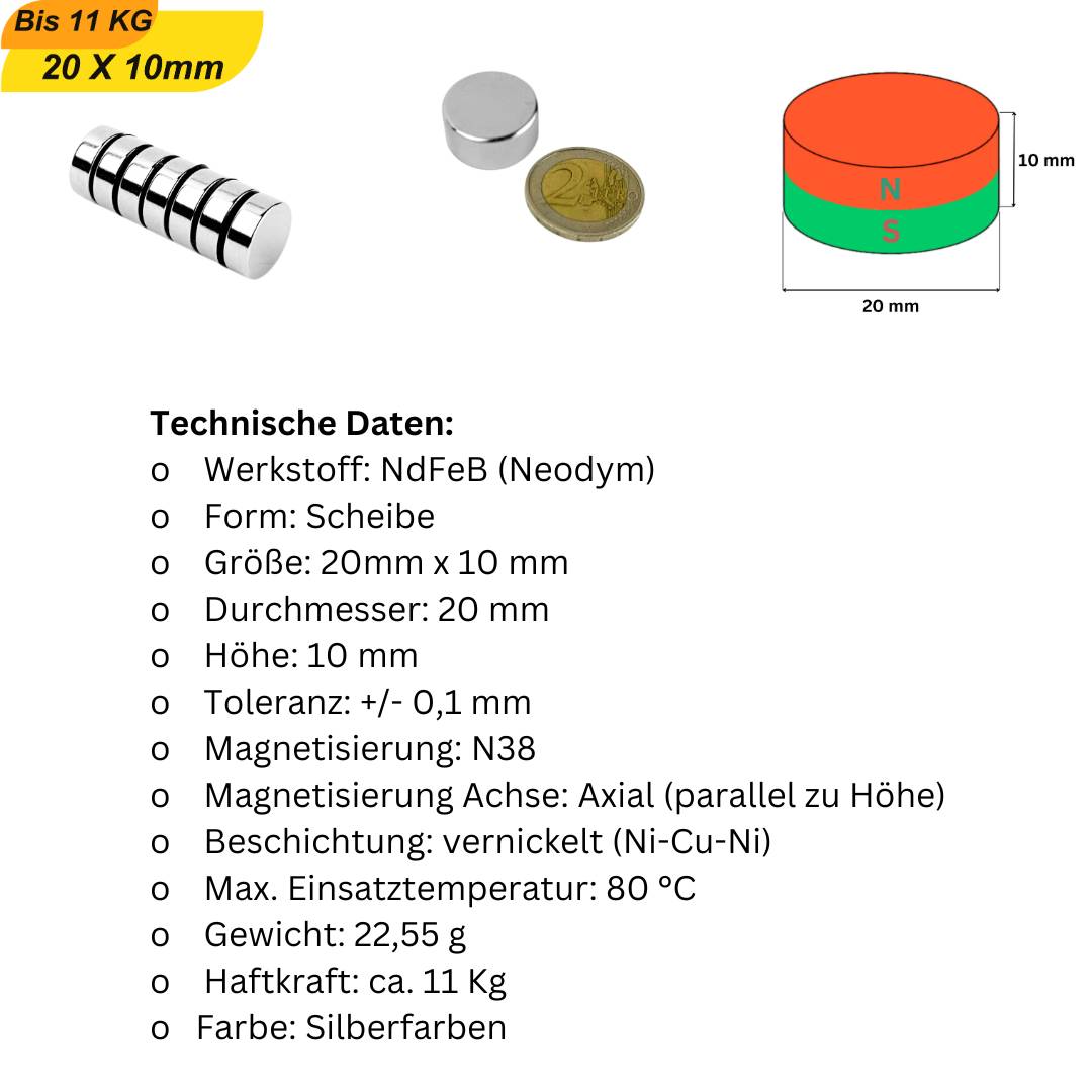 50 Stück Neodym Magnet 20mm x 10mm Supermagnete hohe Haftkraft Scheibenmagnet