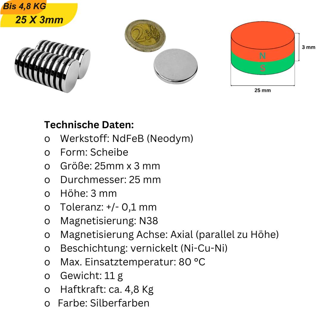 1 Stück Neodym Magnet 25mm x 3mm Supermagnete hohe Haftkraft Scheibenmagnet