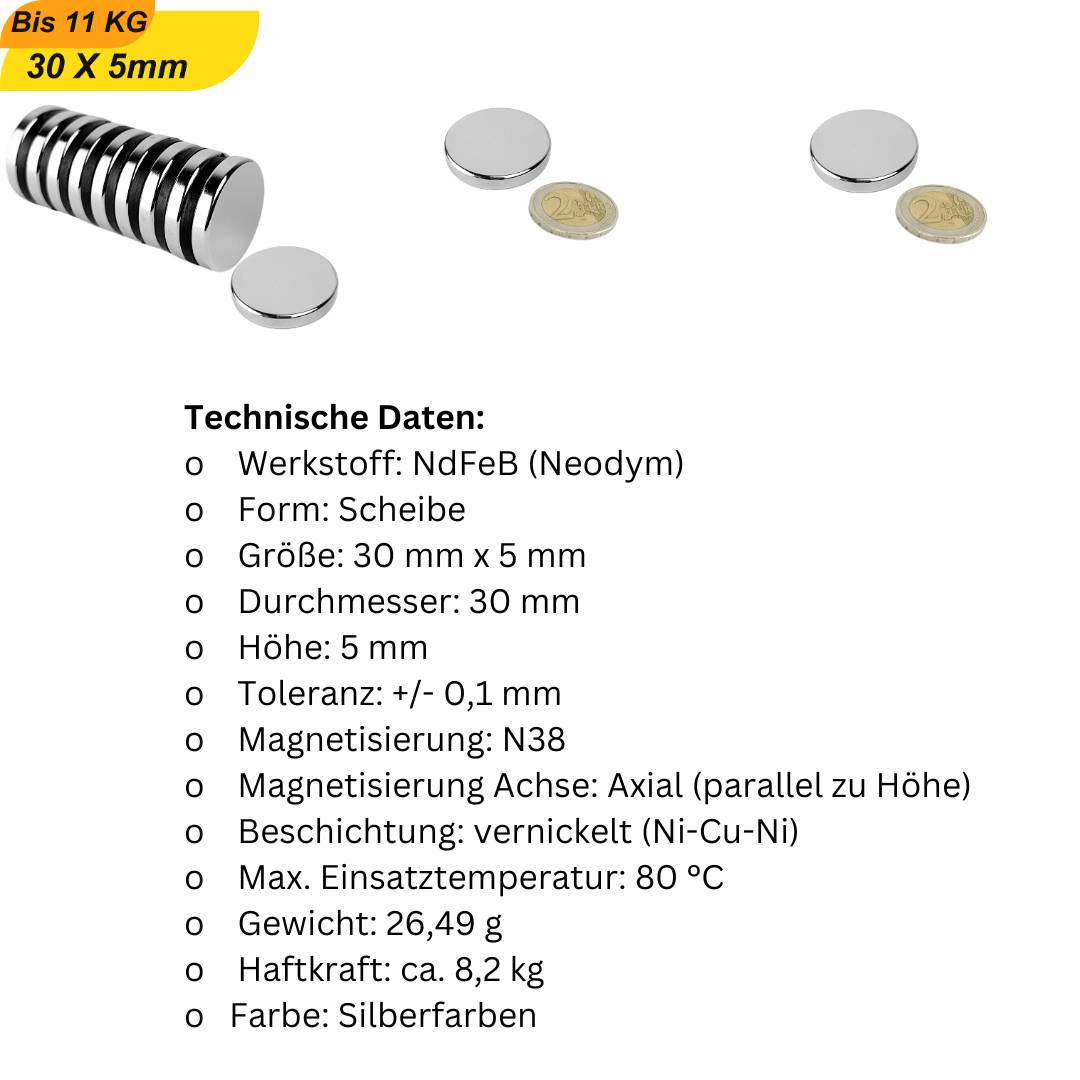 50 Stück Neodym Magnet 30mm x 5mm Supermagnete hohe Haftkraft Scheibenmagnet