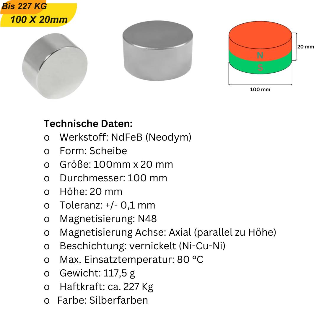 1 Stück Neodym Magnet 100mm x 20mm Supermagnete hohe Haftkraft Scheibenmagnet