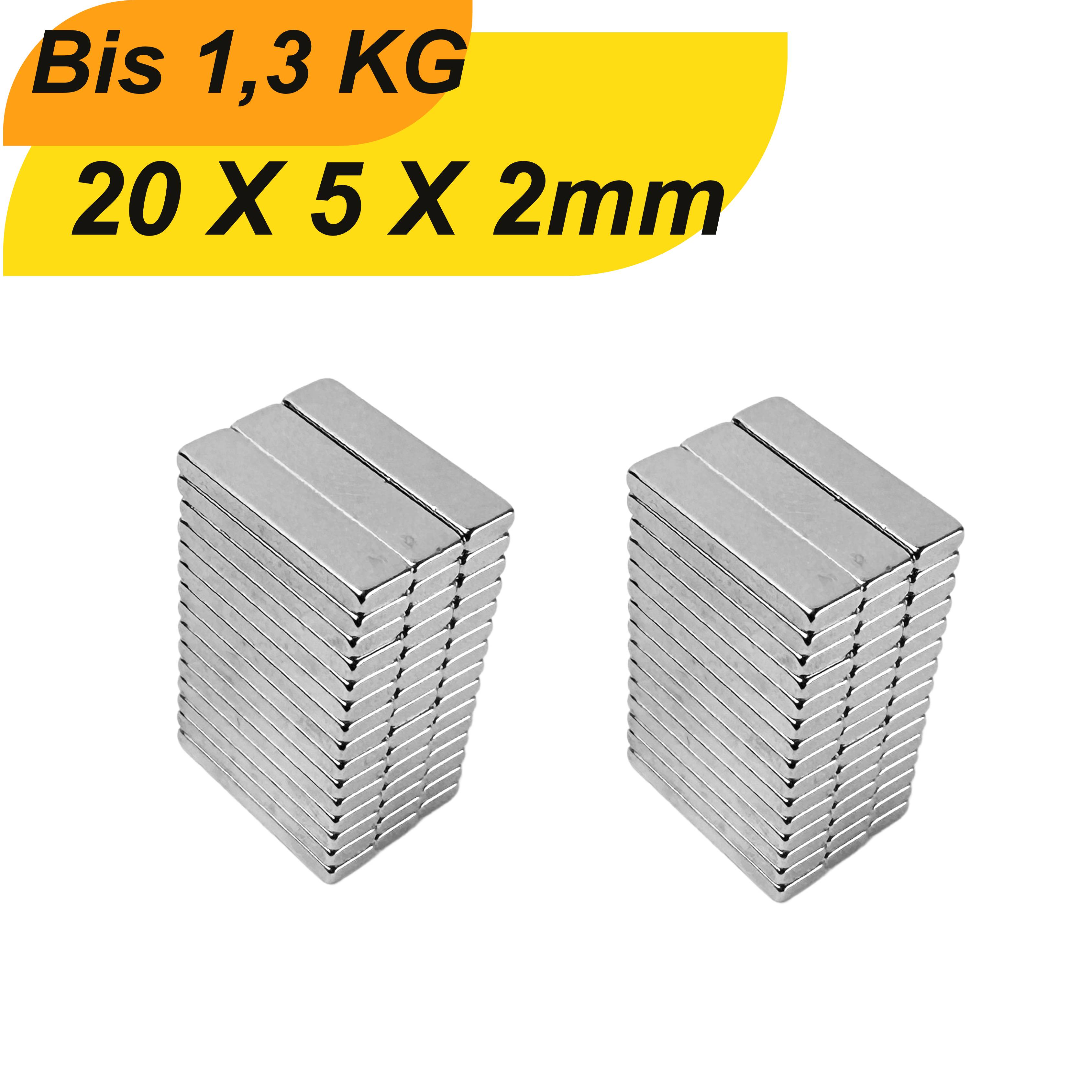 5 Stück Neodym Magnet 20mm x 5mm x 2mm Supermagnete hohe Haftkraft Quadermagnete