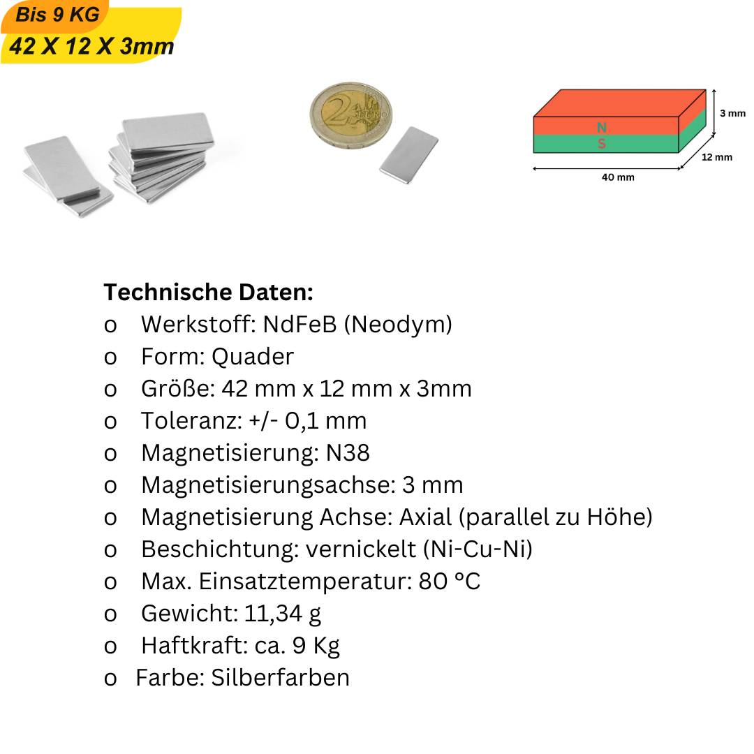 3 Stück Neodym Magnet 42mm x 12mm x 3mm Supermagnete hohe Haftkraft Quadermagnete