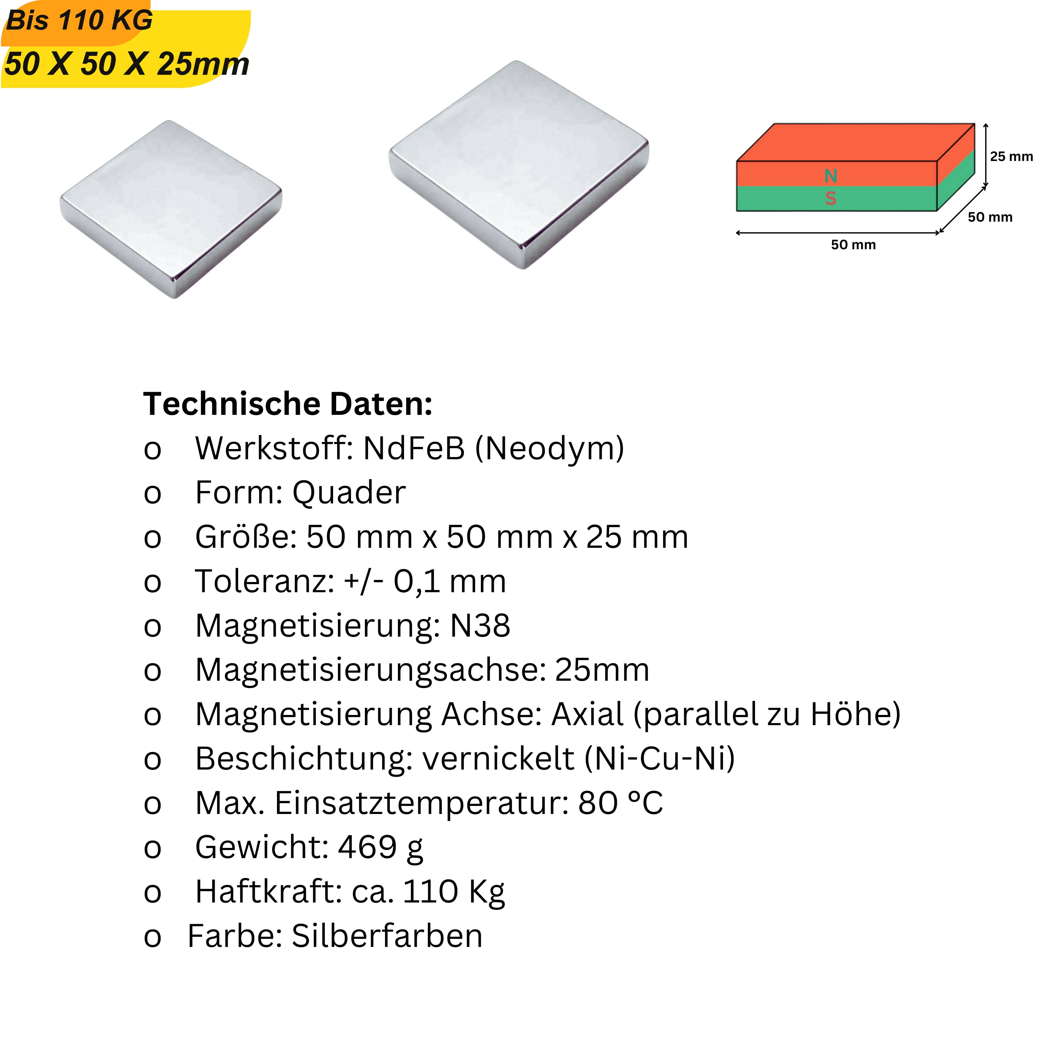 3 Stück Neodym Magnet 50mm x 50mm x 25mm Supermagnete hohe Haftkraft Quadermagnete
