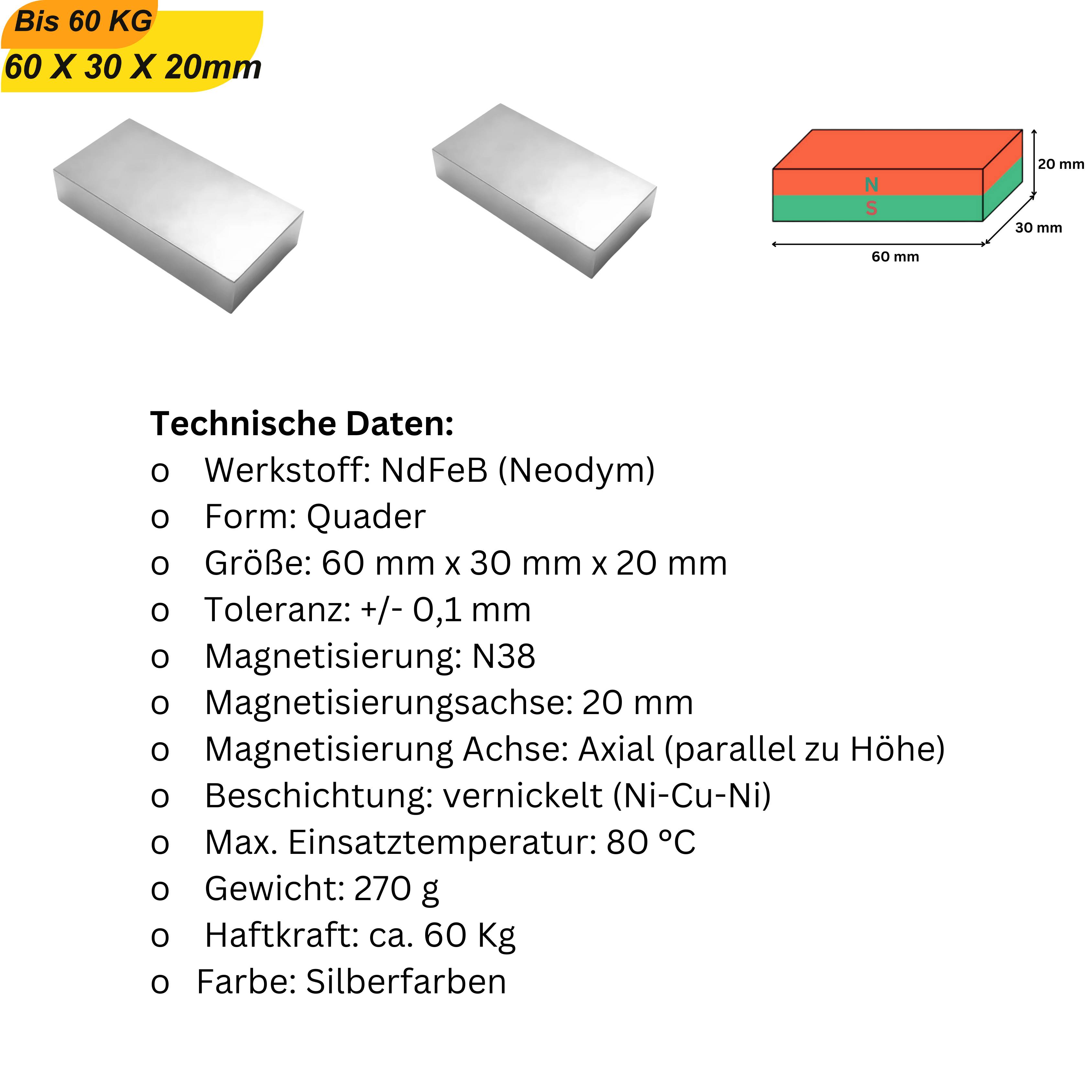 3 Stück Neodym Magnet 60mm x 30mm x 20mm Supermagnete hohe Haftkraft Quadermagnete