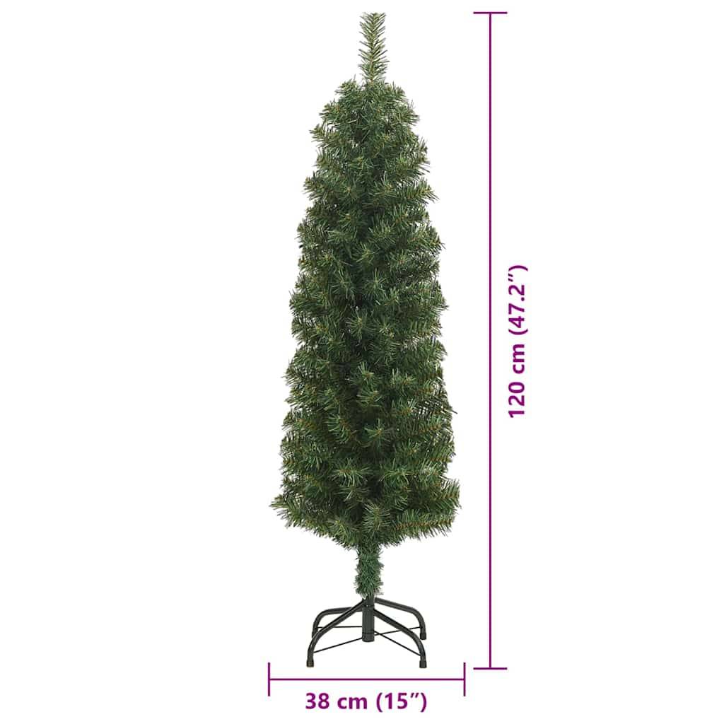 Ein hoher, schlanker künstlicher Weihnachtsbaum mit Abmessungen von 120 cm (47,2 Zoll) in der Höhe und 38 cm (15 Zoll) in der Breite an der Basis.