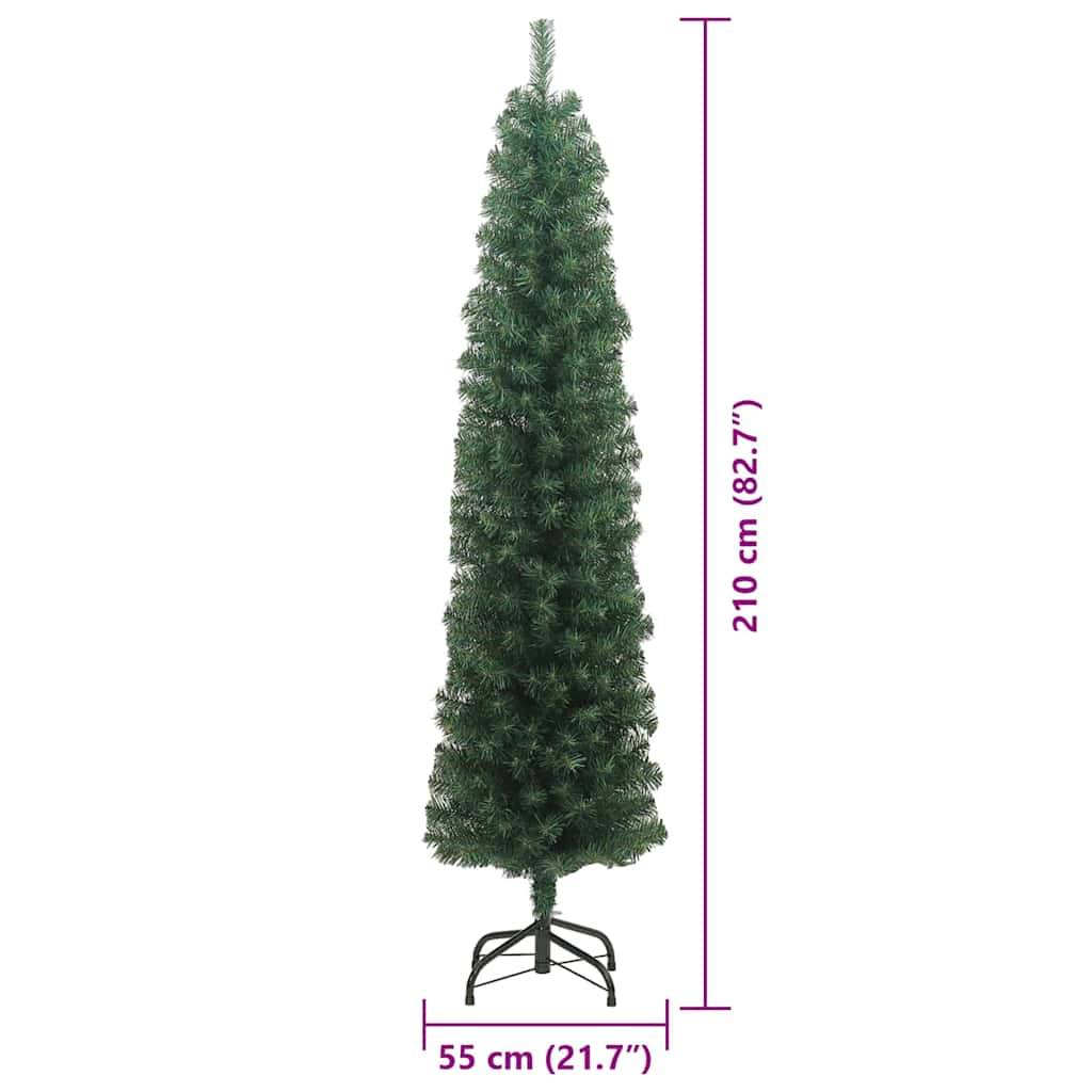 Künstlicher schlanker Weihnachtsbaum, 210 cm hoch und 55 cm breit, mit grünem Ständer; Maße in lila Text neben dem Baum.