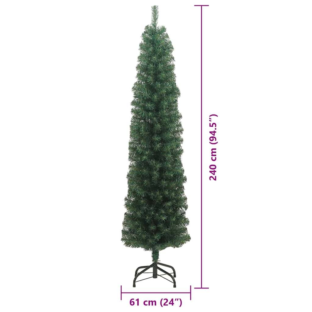 Schlanker, hoher künstlicher Weihnachtsbaum mit einer Höhe von 240 cm (94,5 Zoll) und einer Breite von 61 cm (24 Zoll) in grüner Farbe.
