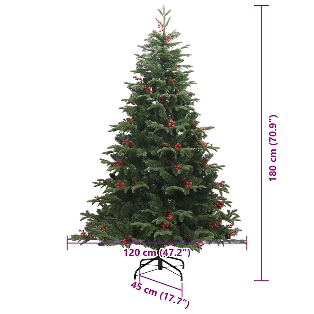 Ein grüner Weihnachtsbaum mit roten Kugeln, 180 cm (70,9 Zoll) hoch und 120 cm (47,2 Zoll) breit, Basisbreite 45 cm (17,7 Zoll).