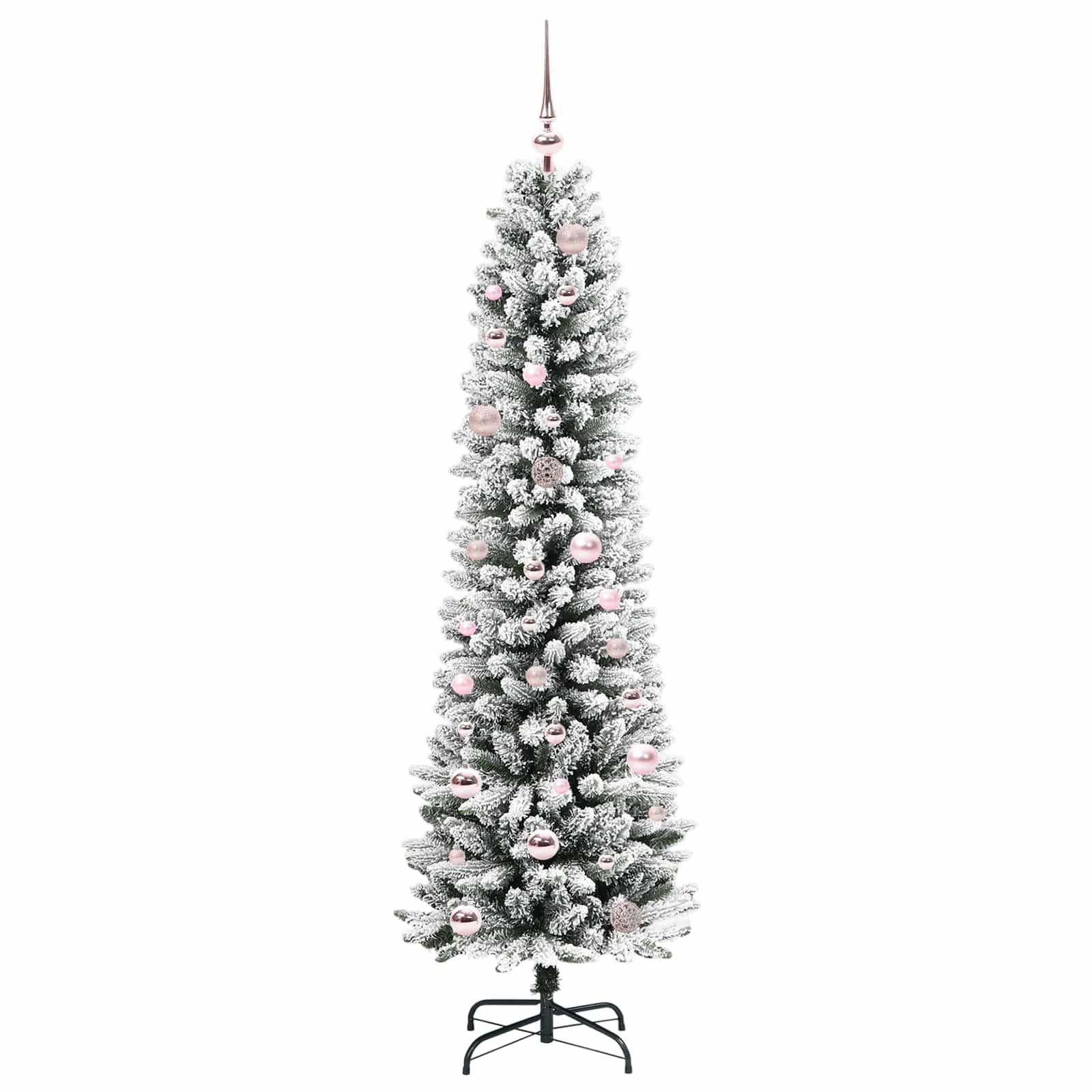 Ein hoher, schmaler künstlicher Weihnachtsbaum mit einer raureifartigen Optik und rosa Christbaumkugeln, der auf einer schwarzen Metallbasis steht.