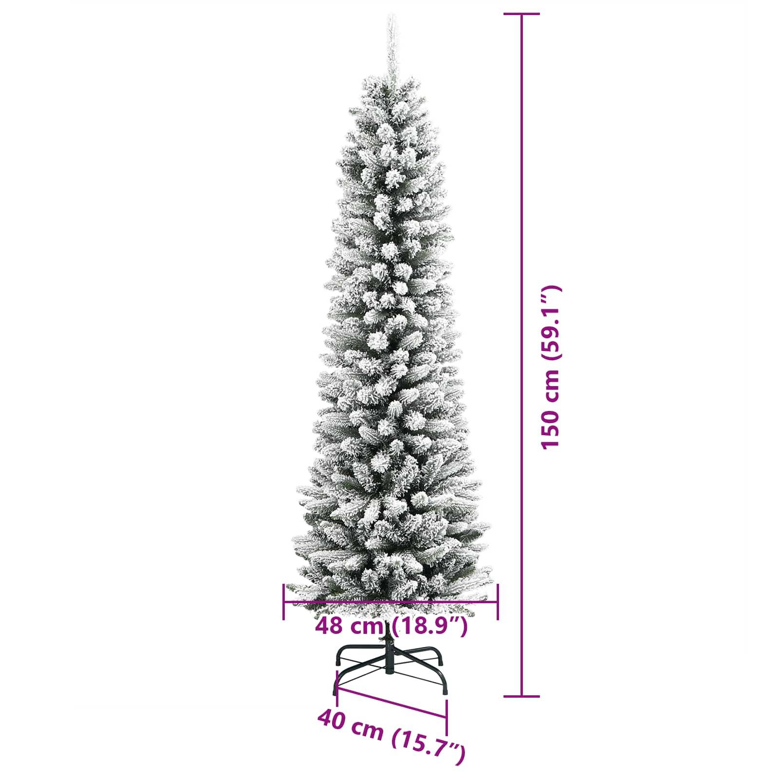 Ein verschneiter künstlicher Weihnachtsbaum, 150 cm hoch, mit beschrifteten Abmessungen: Höhe, Breite der Basis und Durchmesser.