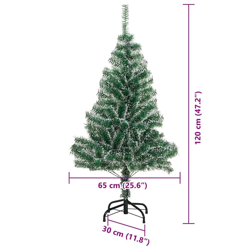 Ein grüner künstlicher Weihnachtsbaum mit einer Höhe von 120 cm und einem Durchmesser von 65 cm, auf einem Metallständer mit einer Basisbreite von 30 cm.