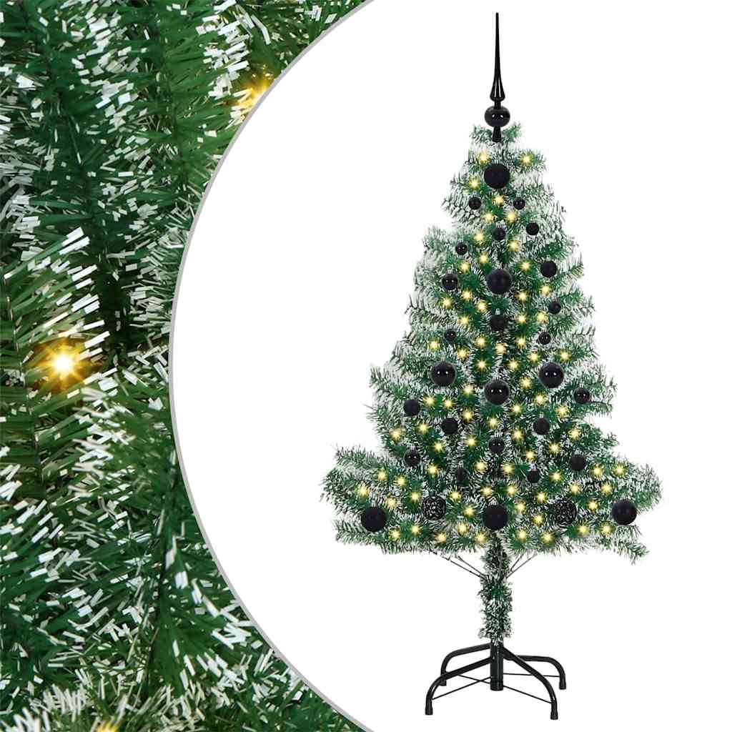 Ein grüner künstlicher Weihnachtsbaum mit schwarzen Christbaumkugeln und gelben Lichtern auf einem schwarzen Ständer.