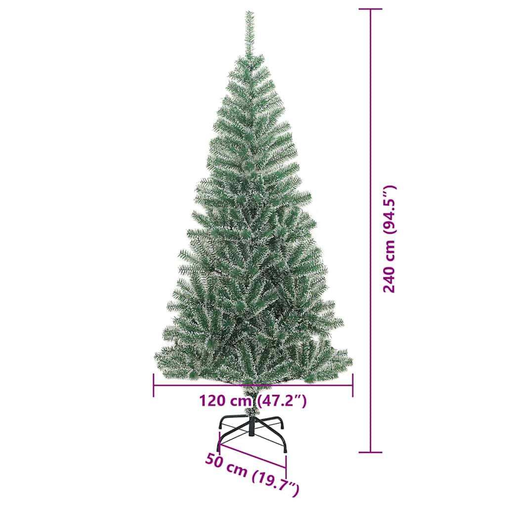 Künstlicher Weihnachtsbaum, 240 cm hoch, 120 cm Durchmesser, auf einer schwarzen Metallbasis von 50 cm. Der Baum hat eine natürlich grüne Erscheinung.