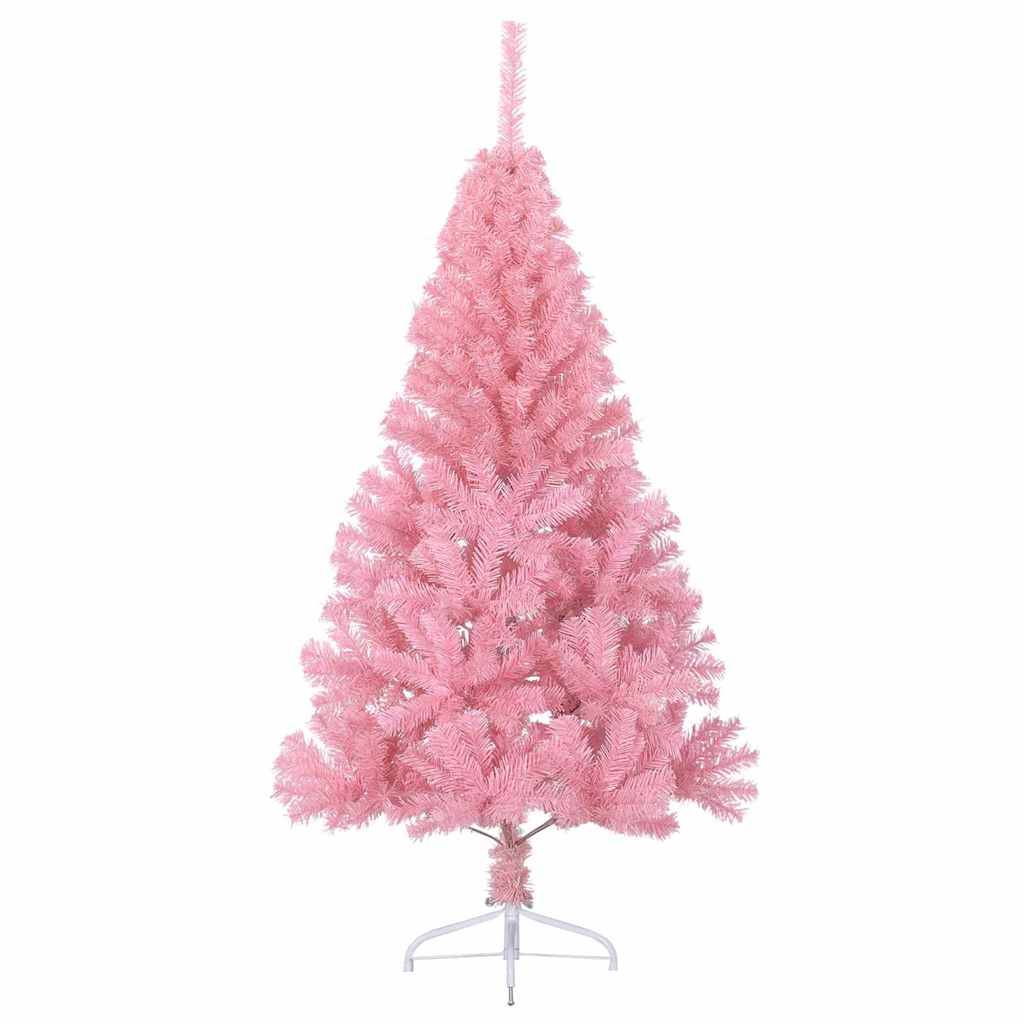 Ein rosa künstlicher Weihnachtsbaum mit einem Metallständer, ausgestattet mit gleichmäßig verteilten Ästen zur Dekoration.