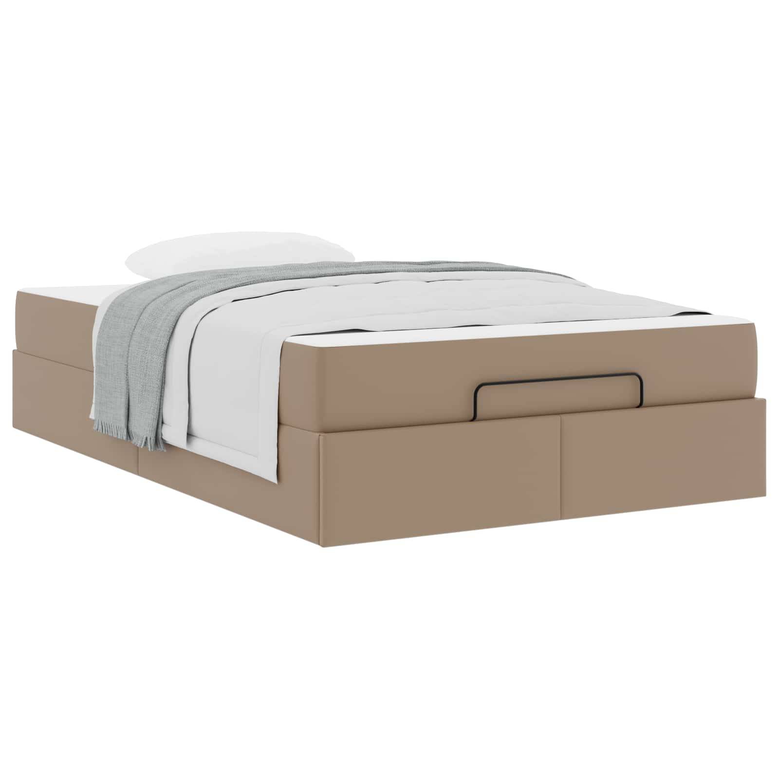 Beige Plattformbett mit Kopfkissen, hellgrauer Decke und Schubladen zur Aufbewahrung darunter, auf weißem Hintergrund.