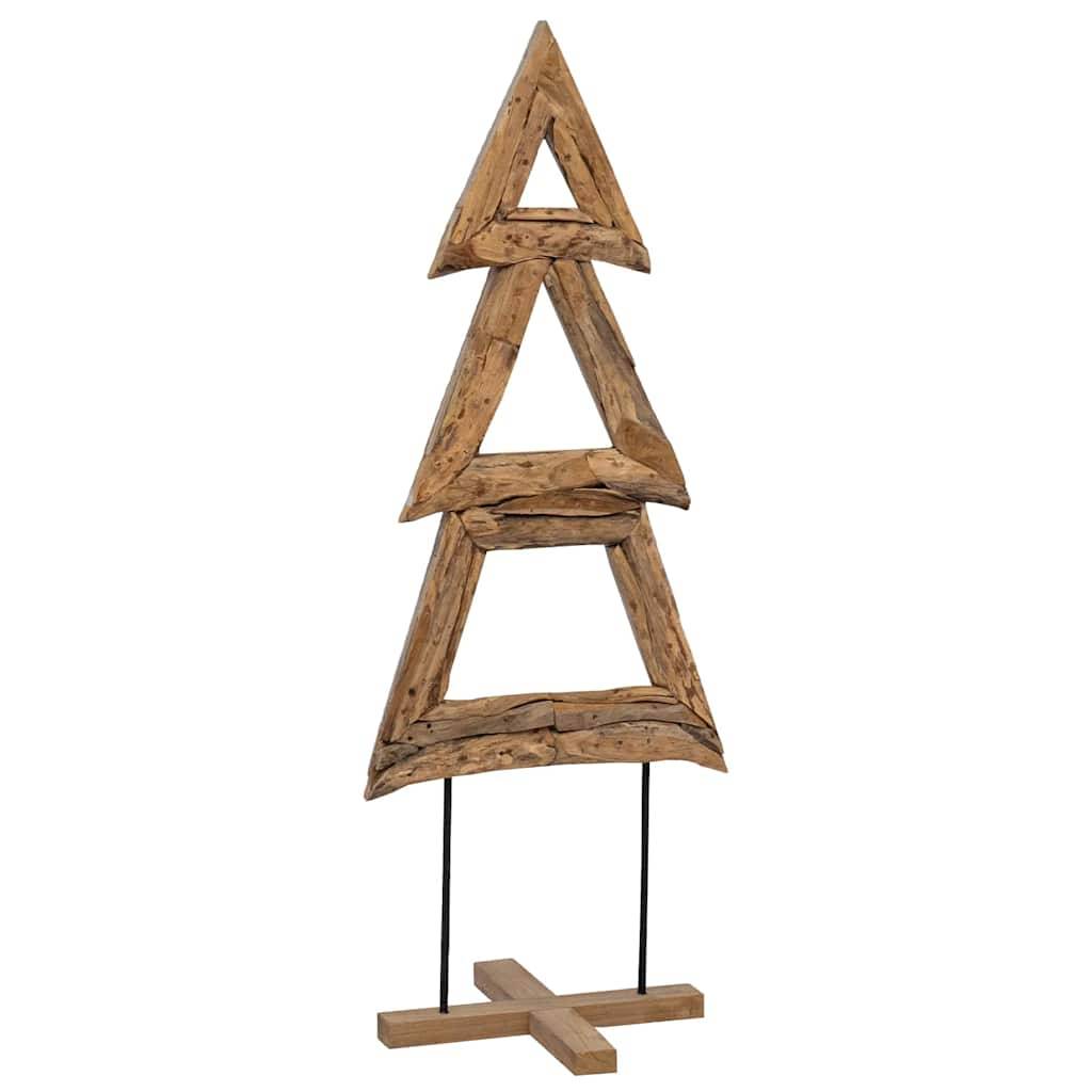 Holzplastik in Form eines stilisierten Weihnachtsbaums, mit vertikal gestapelten dreieckigen Rahmen auf Metallstangen und einer Holzbasis.