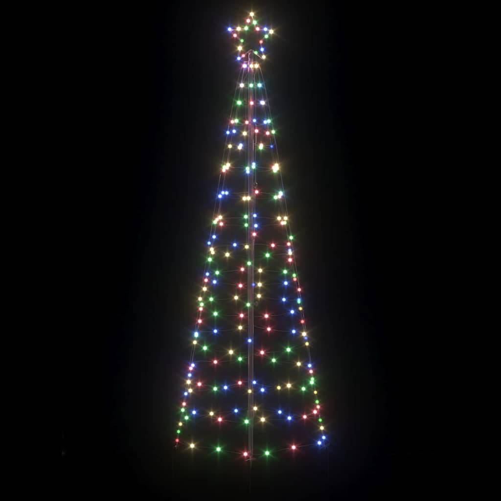 Mehrfarbige Lichter bilden die Form eines Weihnachtsbaums mit einem Stern an der Spitze, vor einem dunklen Hintergrund.