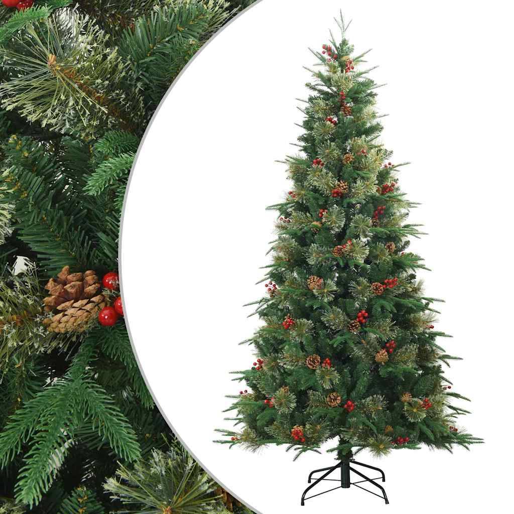 Künstlicher Weihnachtsbaum mit Tannenzapfen und roten Beeren, in voller Länge auf einem Ständer abgebildet.