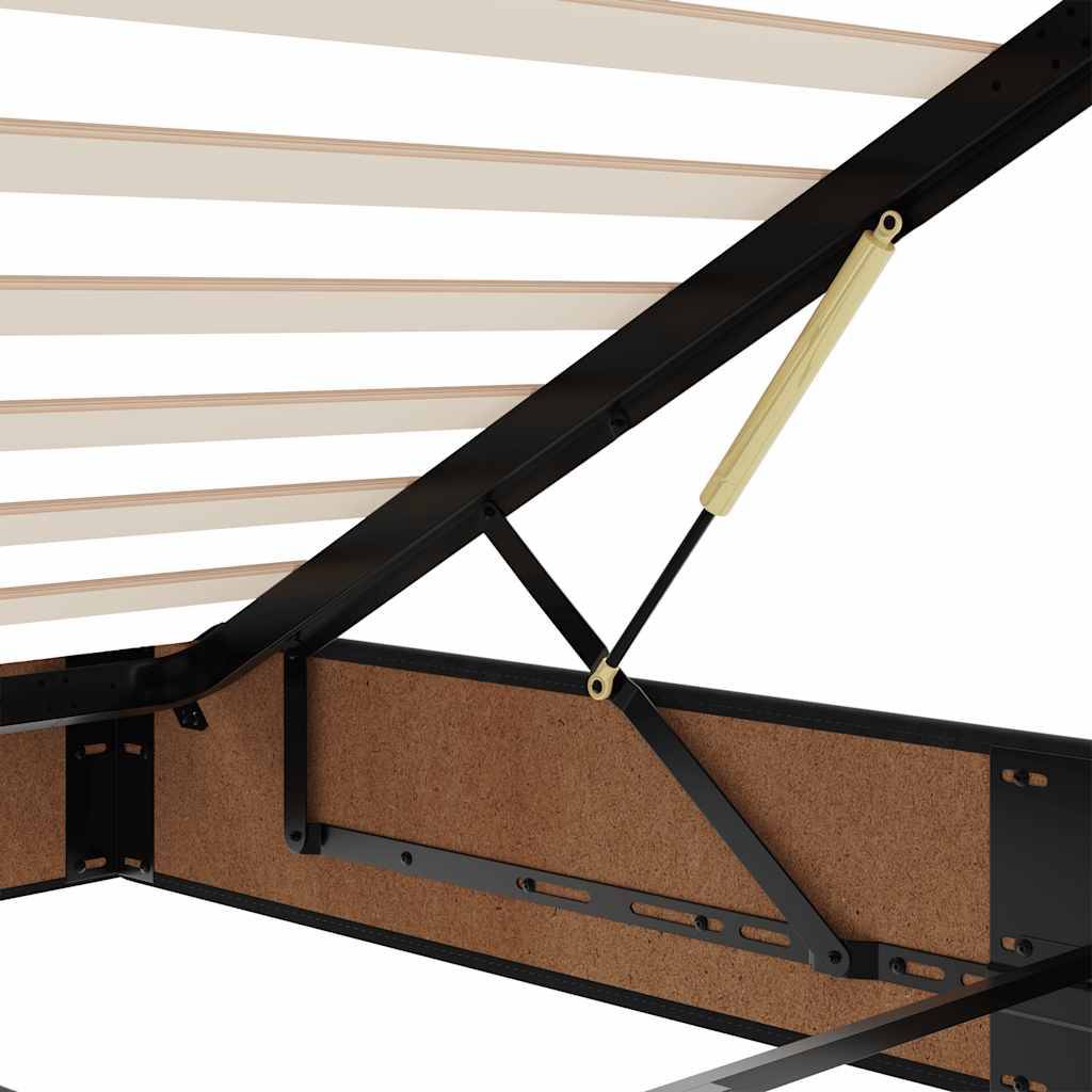 Eine Nahaufnahme der Holzlatten und Querträger eines Bettgestells, die Metallbeschläge und konstruktive Details zeigen, in einem Winkel aufgenommen, der die Struktur betont.