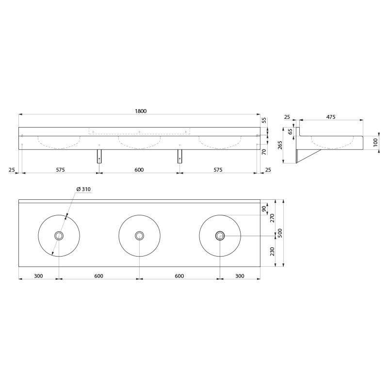 Delabie Rangée-WT TRIPLO RP 3 places sans robinet sans trop-plein Acier inoxydable 1.4301 satiné