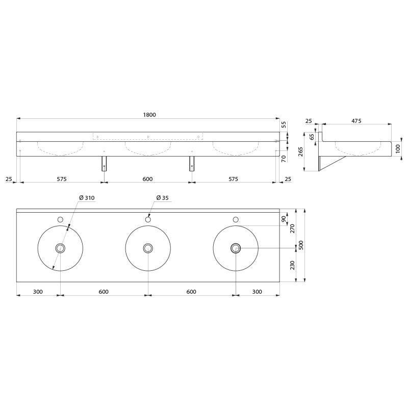 Delabie Reihen-WT TRIPLO RP 3 Plätze Hl D35 o.Überl. Edst 1.4301 sat