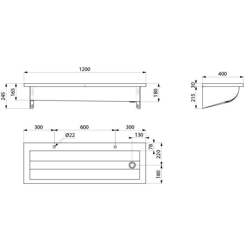 Delabie Waschrinne CANAL L.1200 2 Hl.D22 Abl. rechts Edst. 1.4301 sat