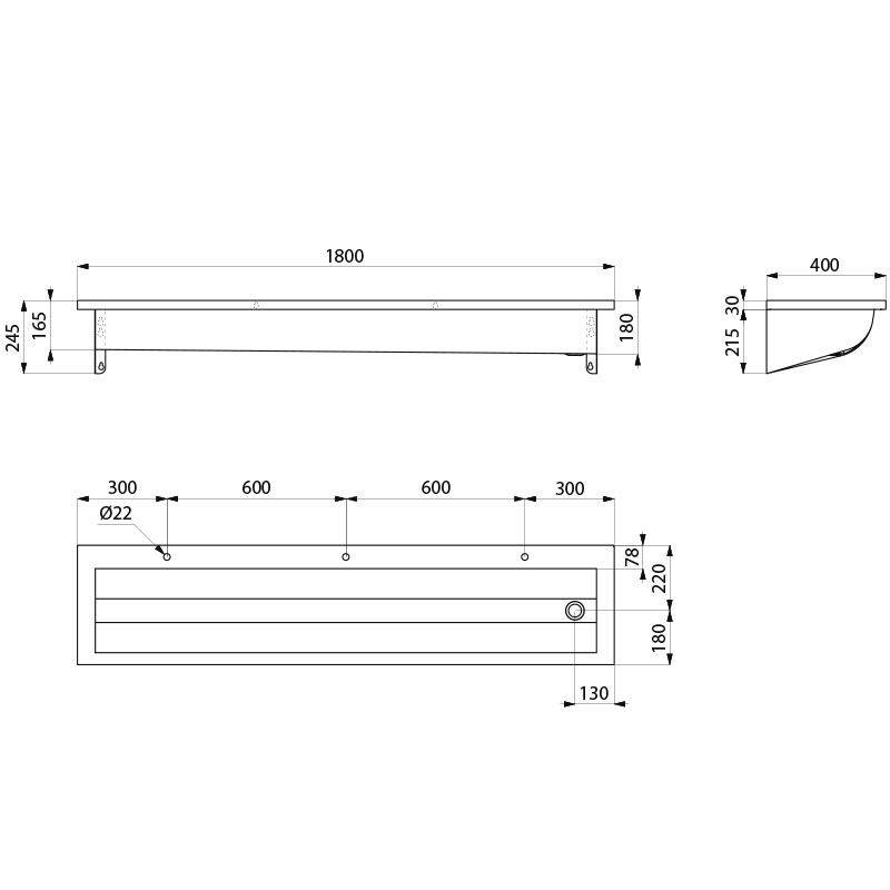 Delabie Waschrinne CANAL L.1800 3 Hl.D22 Abl. rechts Edst. 1.4301 sat
