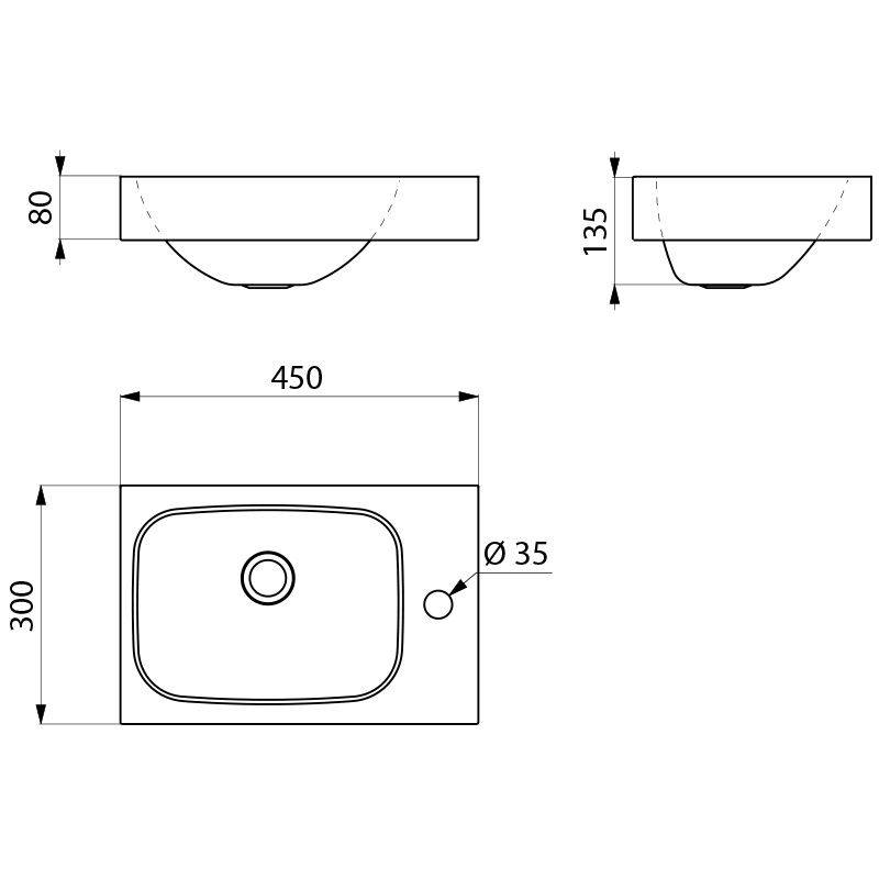 Delabie WT LAVANDO Hahnloch D35 rechts ohne Überlauf Edst. 1.4301 sat