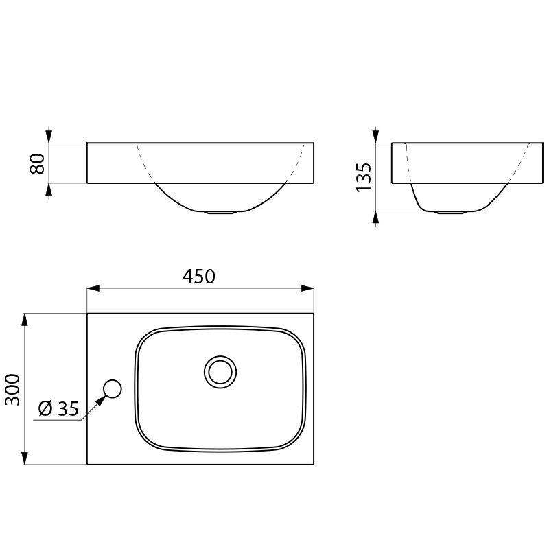 Delabie WT LAVANDO Hahnloch D35 links ohne Überlauf Edst. 1.4301 sat.