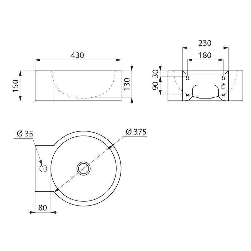 Delabie WT REDO Hahnloch D35 mittig ohne Überlauf Edst. 1.4301 sat.