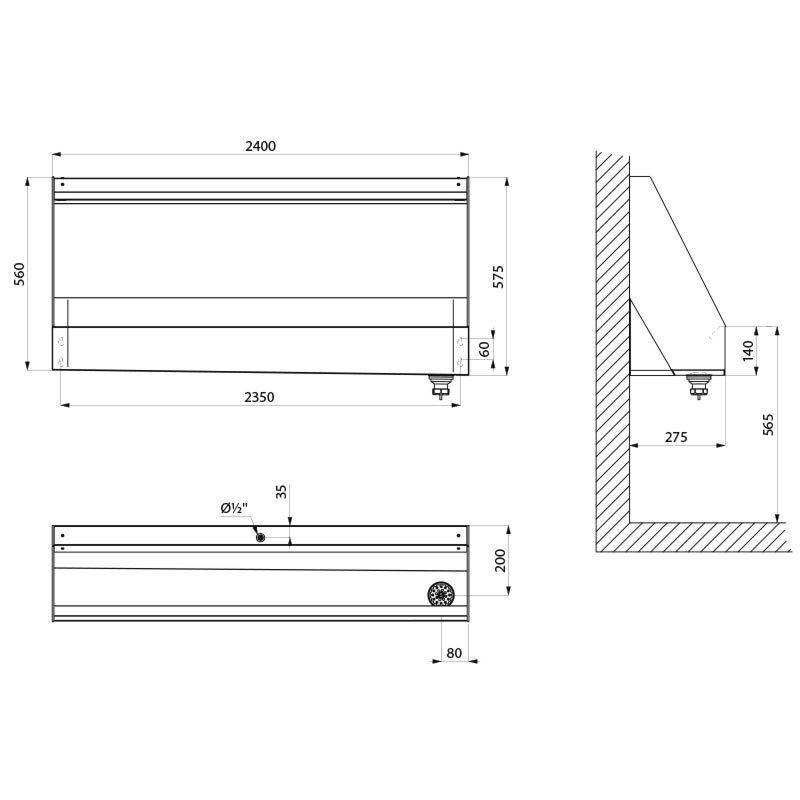Delabie Urinalrinne wandh. L.2400 Anschluss oben Edst. 1.4301 sat
