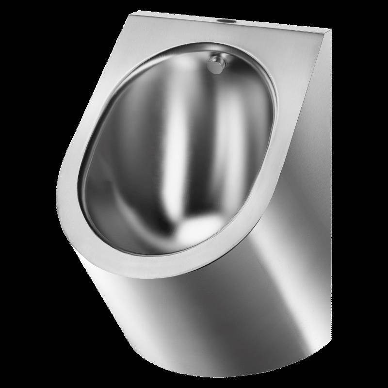 Wandmontiertes Edelstahl-Urinal auf schwarzem Hintergrund, dargestellt in schrägwinkliger Seitenansicht.