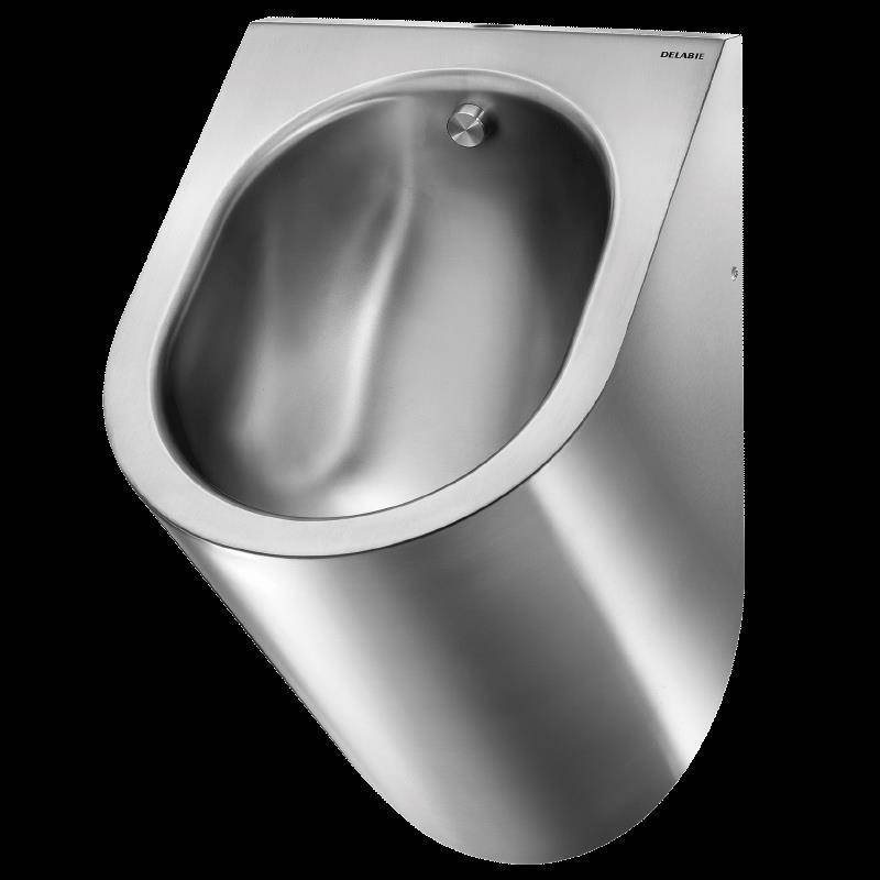 Wandmontiertes Edelstahl-Urinal mit rundem Becken und oben angebrachter Spülöffnung, dargestellt vor schwarzem Hintergrund.