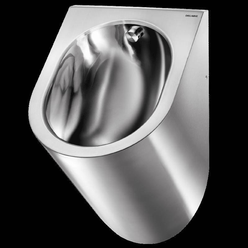 Wandmontiertes Edelstahl-Urinal auf schwarzem Hintergrund.