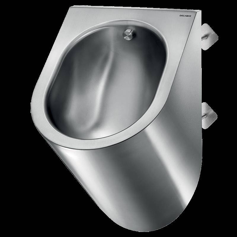 Wandmontiertes Edelstahl-Urinal mit ovalem Becken und verborgenem seitlichen Rohrleitungssystem auf schwarzem Hintergrund.