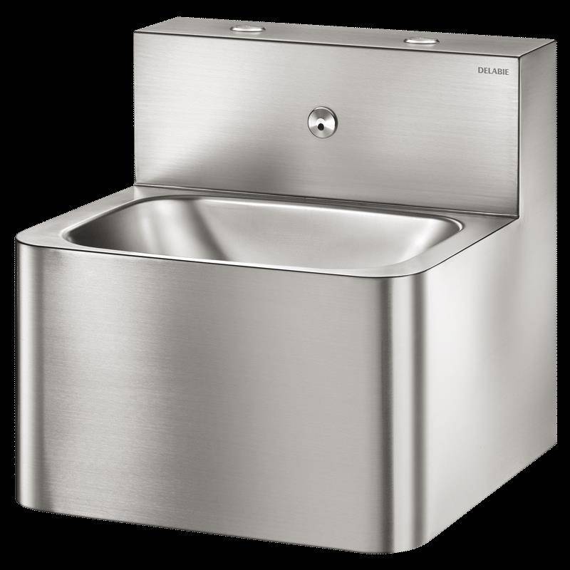 Edelstahlwandmontiertes Waschbecken mit Spritzschutz und einzelnem Wasserhahnanschluss, gezeigt vor einfachem Hintergrund.
