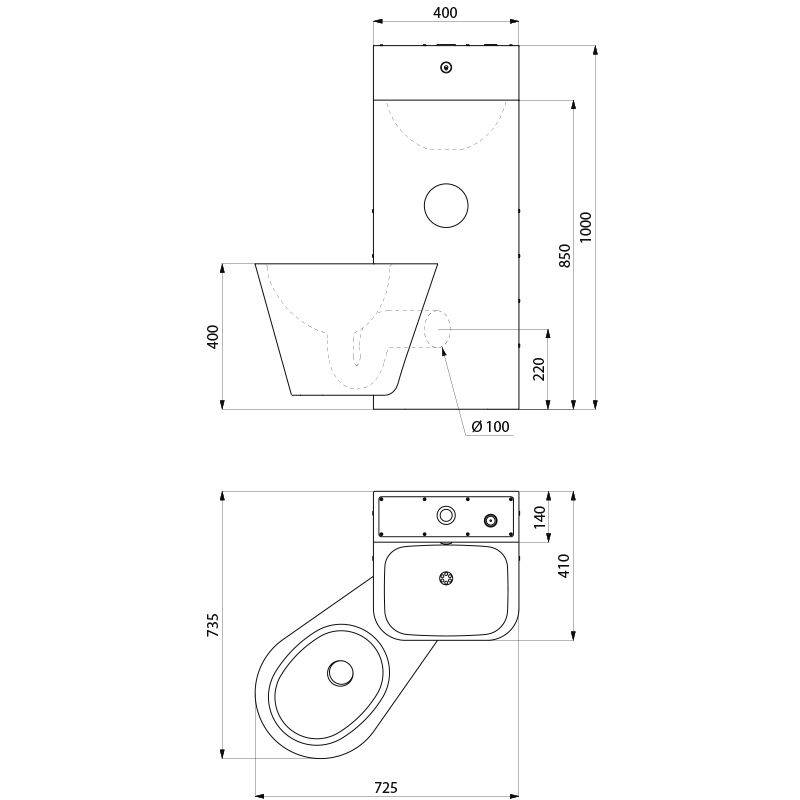 Delabie Gef.Kombi KOMPACT m. Spülkasten WC wandh. li Edst. 1.4301 sat