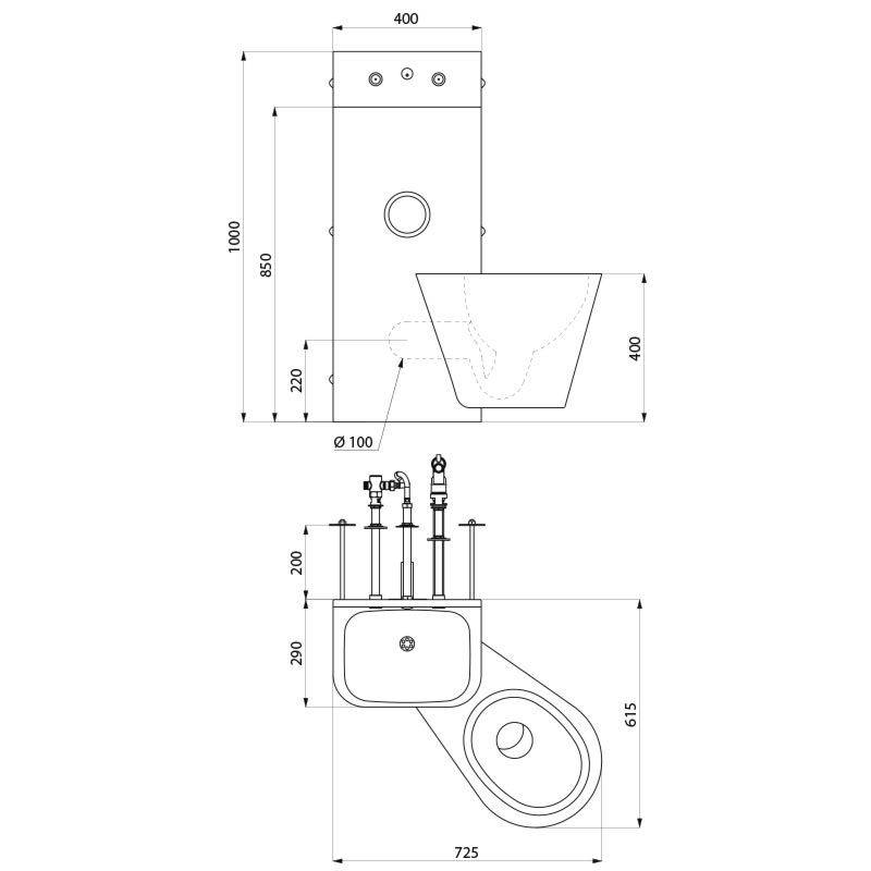 Delabie Combinaison sanitaire KOMPACT TC, WC mural pour personnes à mobilité réduite inox 1.4301 satiné