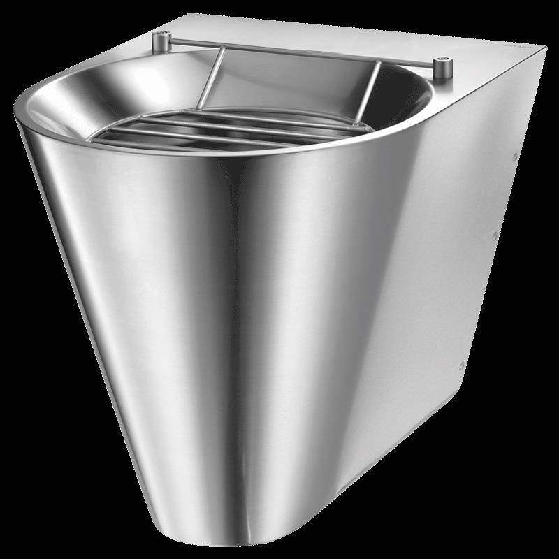 Aus Edelstahl gefertigter, wandmontierter Trinkbrunnen mit eingelassener Schale und Schutzgitter.
