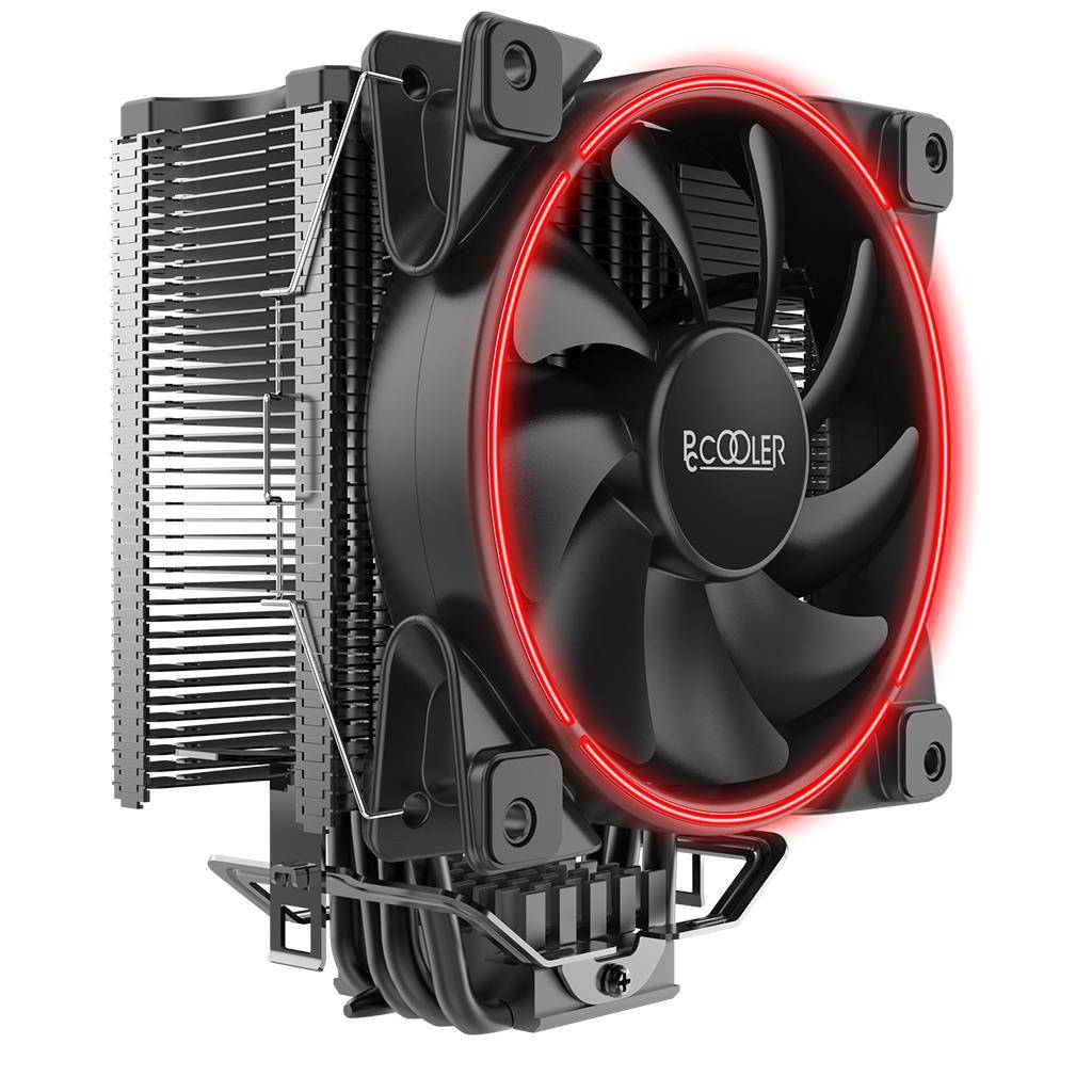 Ein Computer-CPU-Luftkühler mit einem schwarzen Lüfter und roter LED-Beleuchtung, eingefasst in einem schwarzen Rahmen, entworfen zur Wärmeableitung.