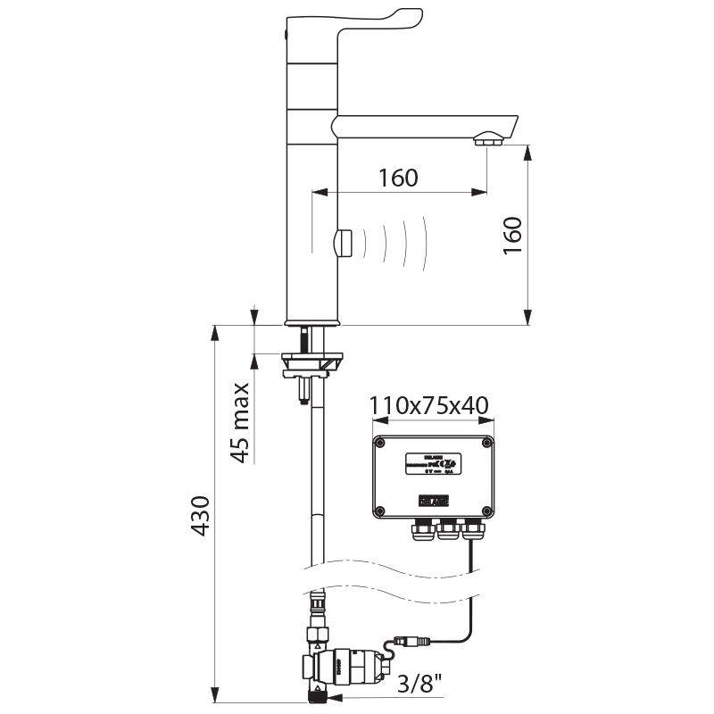 Delabie électronique MBatt. 230 V, bras pivotant haut H165 L160, levier L100