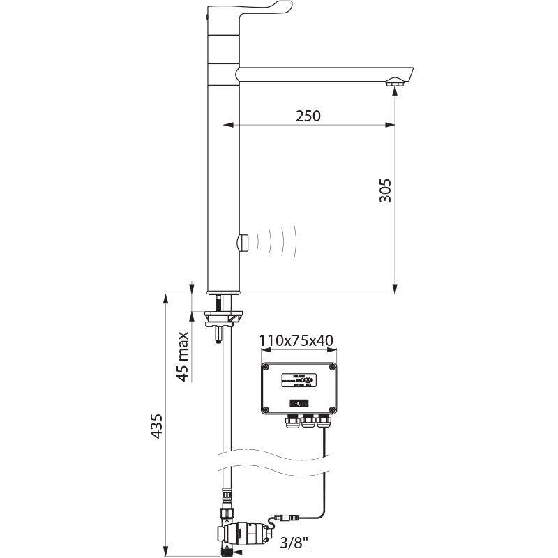 Delabie Elektron.MBatt. Batt, Schwenkausl. hoch H300 L250, Hebel L100