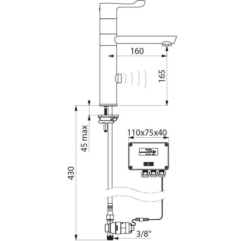 Delabie Elektron.MBatt. Batt, Schwenkausl. hoch H165 L160, Hebel L100