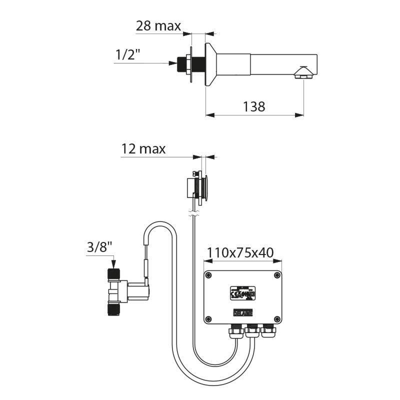 Delabie Elektron. Wandventil m. 2 BIOCLIP-Edelstahlausl, f.Pan-Mont.