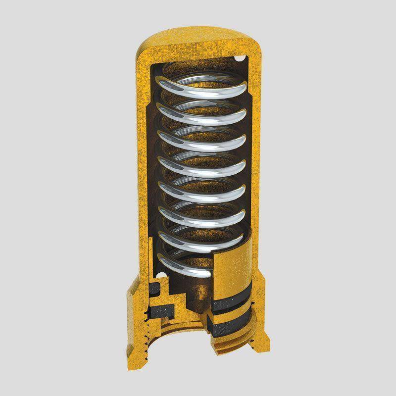 Schnittdarstellung eines goldenen zylindrischen Stoßdämpfers mit sichtbarer innerer Spiralfeder und Kolbenmechanismus.