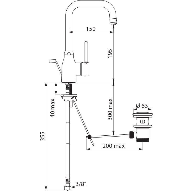 Delabie EHM für WT, Schwenkauslauf H195 L150mm mit Zugst.Ablgarn.