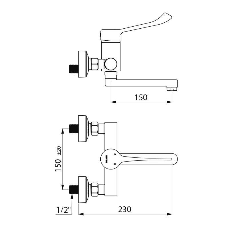 Delabie SPT-EHM W.-Mont. EP Securit. Schwenkausl. L.150 H-Hebel, S/C
